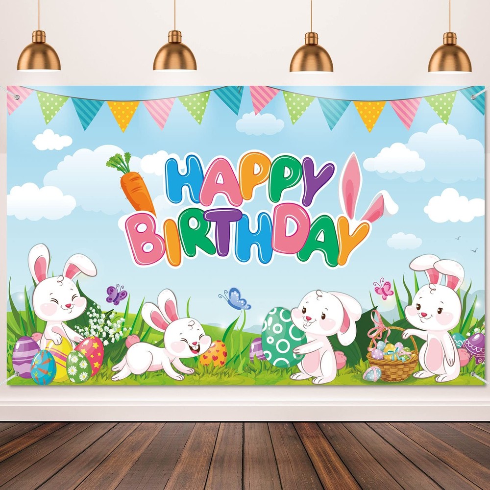 Bunny Birthday Decorations Happy Easter Backdrop Happy Birthday Banner Easter Eg