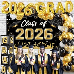2026 Graduation Decorations – 123pcs Black Gold Balloon Arch Kit & Backdrop Supp