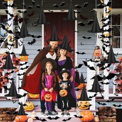 12pcs Halloween Black Witch Hat with 157 FT Nylon Cord &120pcs Bat Sticker