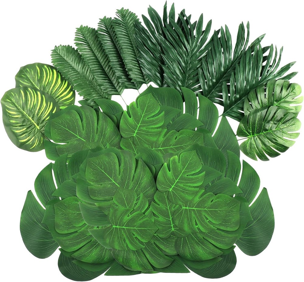 54 Pieces 7 Kinds Artificial Tropical Leaf Jungle Leaves Plant Safari Leaves