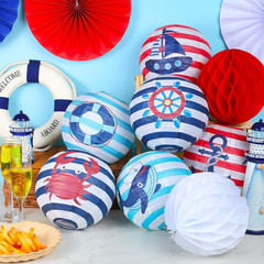 18 Pcs Nautical Party Decoration Ship Wheel Hanging Paper Lantern Honeycomb Fan