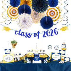 Navy-Blue Gold Party-Decorations Graduation Banner-Streamers – 18Pcs Kits Class
