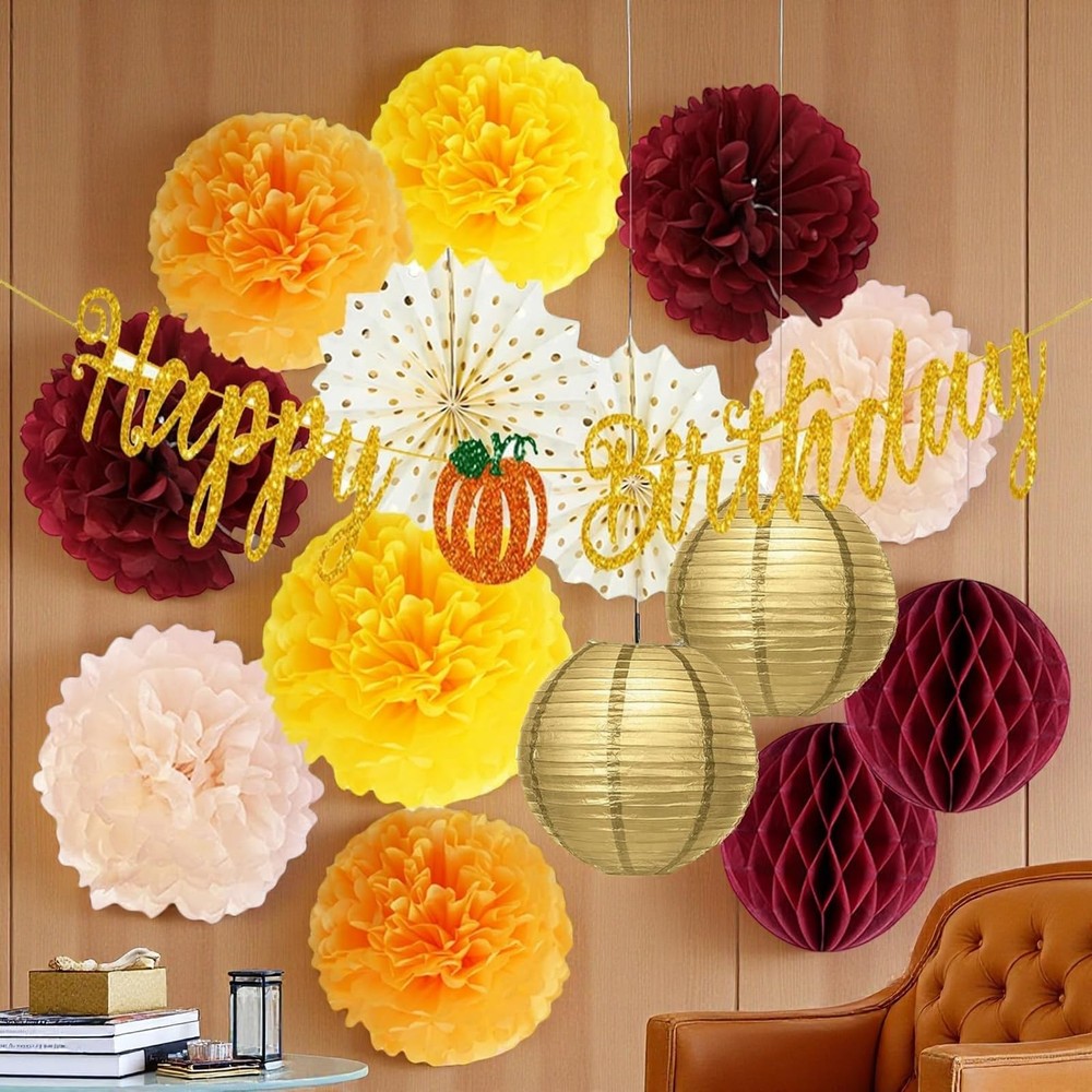 Fall Birthday Party Decorations Maroon Orange Gold Burgundy Theme Women Set