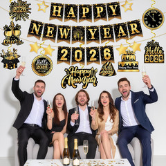 2026 New Year Decorations, Happy New Year Banner with 2026 Hanging Swirls, Black