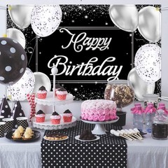 Sumind Black Silver Happy Birthday Banner Backdrop Party Decoration for Men Wome