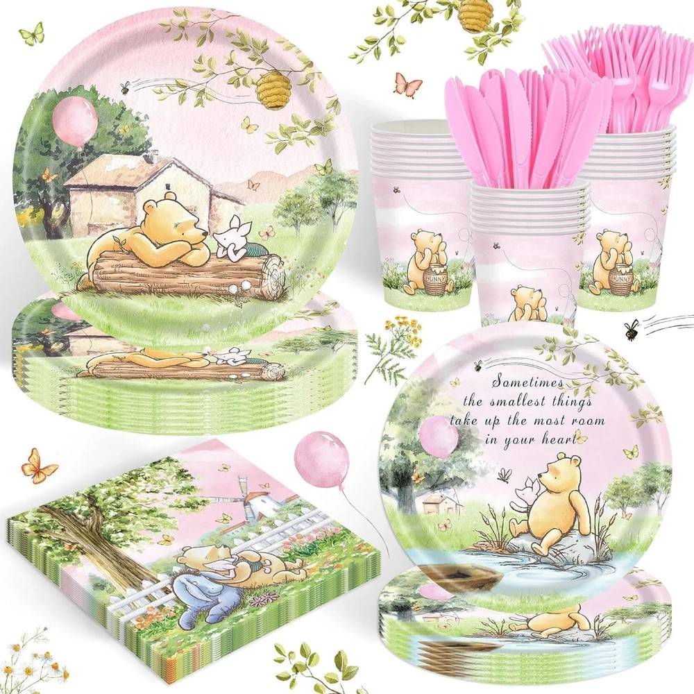 120PCS Pink Classic Winnie Bear Party Supplies Babyshower 1St Party Decorations