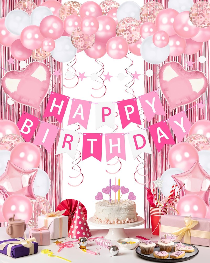 Pink Happy Birthday Party Decorations, Happy Birthday Banner, Pink Foil Heart…