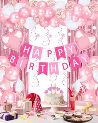 Pink Happy Birthday Party Decorations, Happy Birthday Banner, Pink Foil Heart…