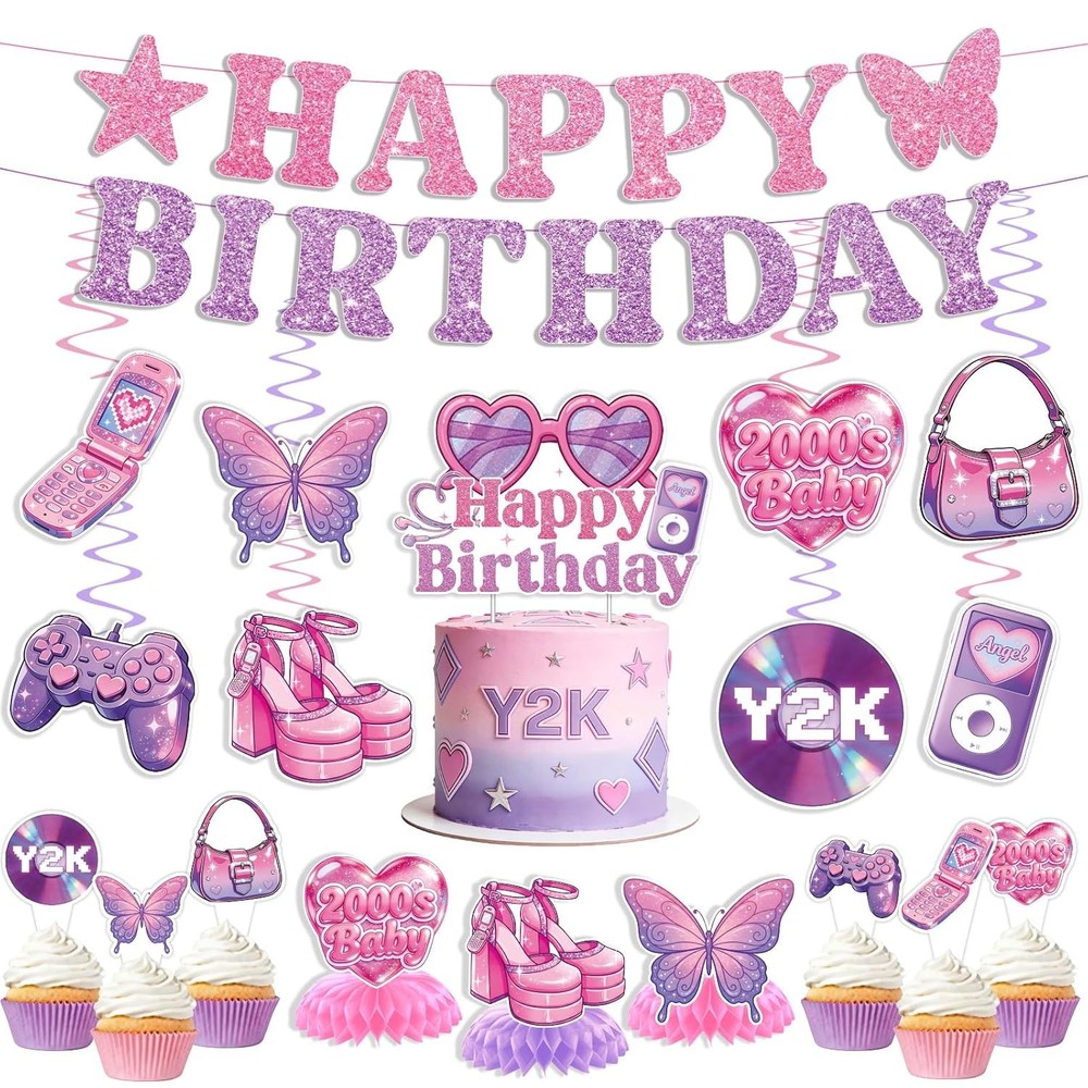 Y2K Party Decorations 35PCS Easy Setup Includes Banner Hanging Swirls Party