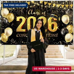 Avezano Graduation Backdrop Black and Gold Congratulations Class of 2026 Banner