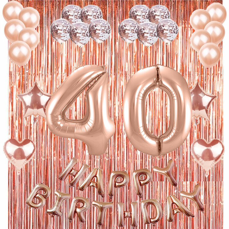 40th Rose Gold Happy Birthday Banner Confetti Balloon Party Decoration Supplies