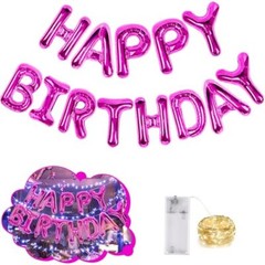 Happy Birthday Banner 13pcs 16 Inch Mylar Foil Balloon & Light string Hot Pink
