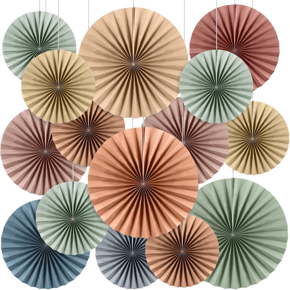 Weekgrat 18 Pcs Sage Green Brown Boho Hanging Paper Fans Decor Back Colorful