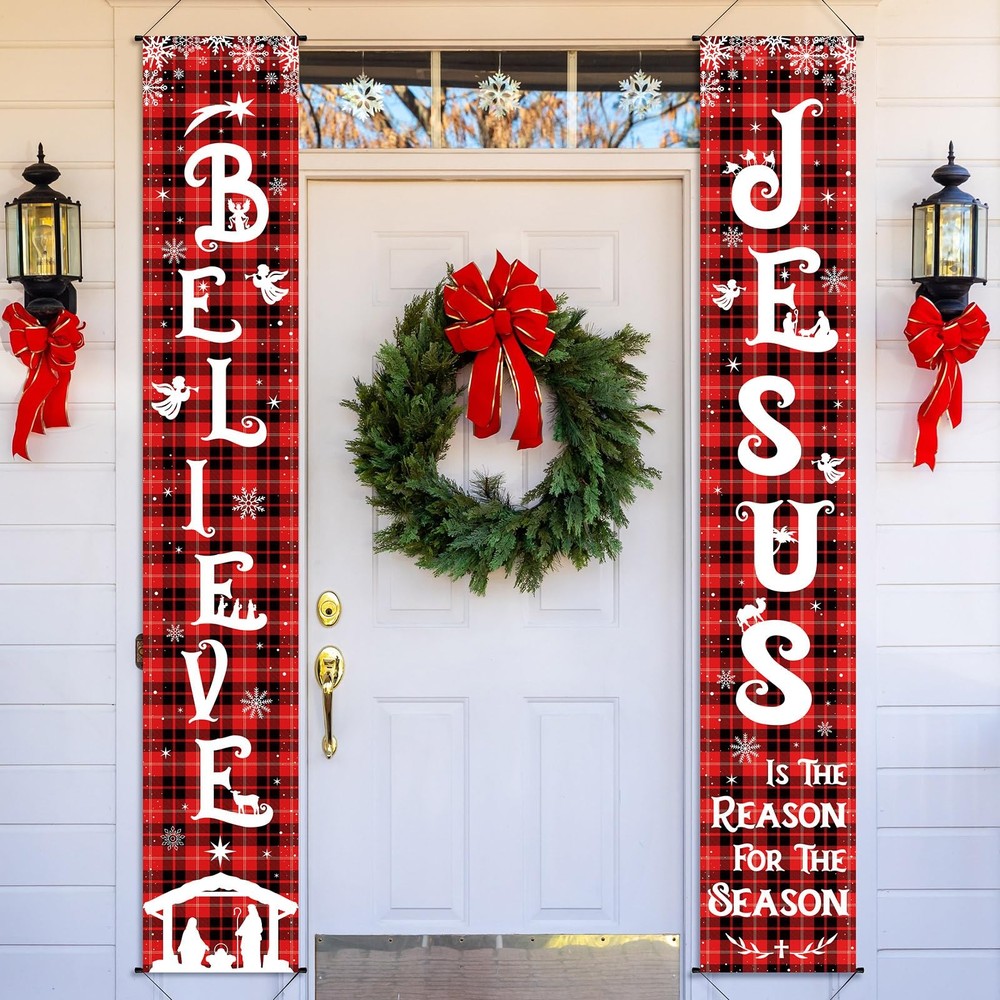 Christmas Front Porch Banners Winter Religious Nativity Scene Sign Holiday Ha…
