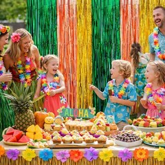 Luau Party Decorations – Tropical Streamers Backdrop Banner | Green Gold Rose