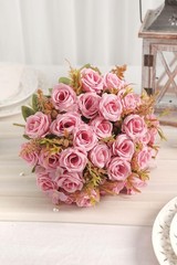 Artificial Rose Silk Flower Pink Bundle Bouquet Wedding Party Kitchen Office Dec