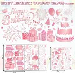 6 Sheet Happy Birthday Window Clings Pink Birthday Cake Balloon Firework Reus…