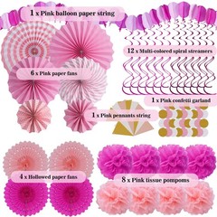 Pink Party Decorations 33 PCS Hanging Paper Fans Rainbow Pom Poms