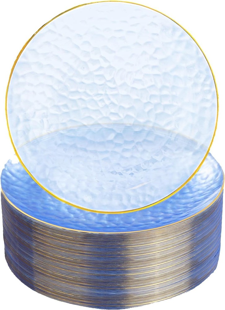 100 Pcs Blue Gold Rim Disposable Plates 7 Inch Hammered Salad Dessert Party