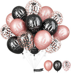 Black Rose Gold Happy 40Th Birthday Balloons, 15 Pieces 40Th Birthday Decoration