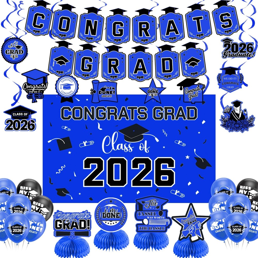 Graduation Decorations 2026 Blue Themed Set Congrats Grad Banner, Class of 2…