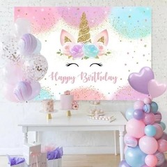 Unicorn Backdrop 8x6ft Pastel Rainbow Glitter Stars Dots Happy Birthday Banner