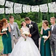 White Papel Picado Banner, 20 Ft Cinco De Mayo Decoration Plastic White Mexic…