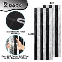 2 Pack Black Silver Tinsel Foil Fringe Curtains Metallic Party Streamers