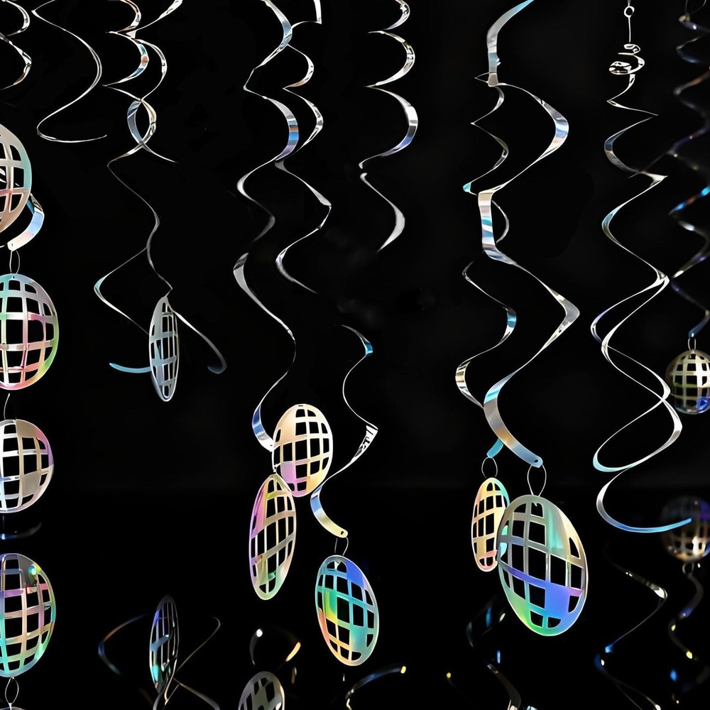 Disco Hanging Swirl Set Party Decorations Ball Supplies Sign Silver 48 PCS