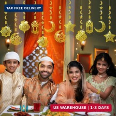 AhfuLife Eid Mubarak Hanging Decorations for Home, 6 Pcs Pre-Tied Hanging Golden