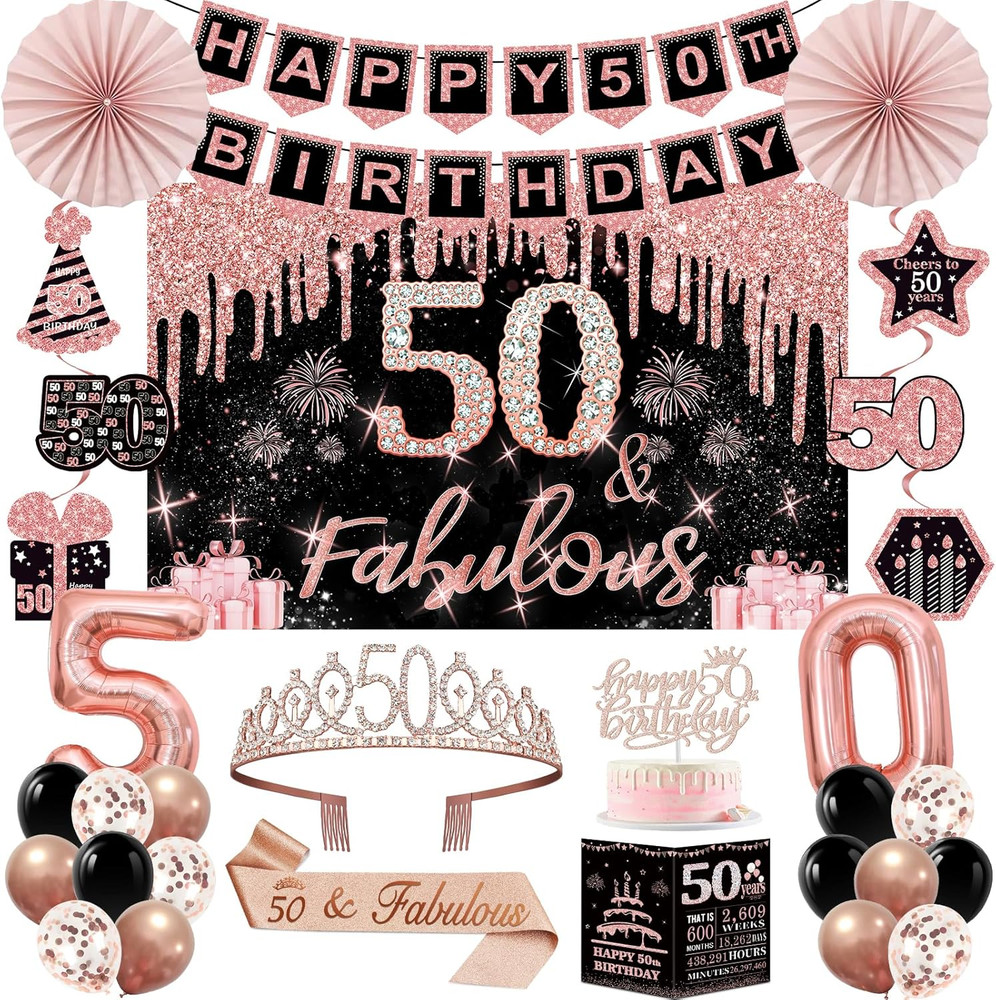50th Birthday Party Decorations Kit 32pcs Rose Gold Black Banner Crown Sash Ball