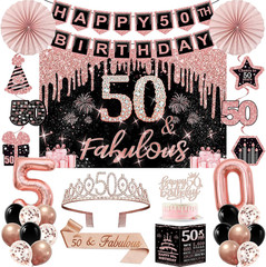 50th Birthday Party Decorations Kit 32pcs Rose Gold Black Banner Crown Sash Ball