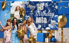 Personalised Birthday Banner Photo Blue Pink Silver Woman Man Child Party Poster