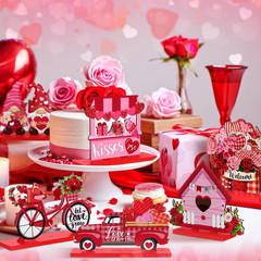 Valentine‘S Day Decorations Flower Gnomes Heart Truck Wooden Signs Tabletop 6Pcs