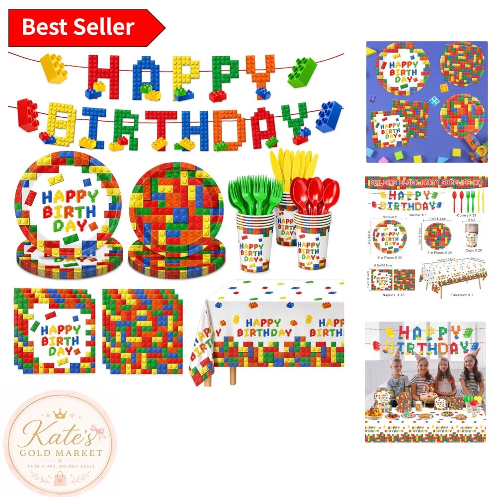 Multicolor 177 Pcs Building Block Party Supplies – Serves 25 with Easy Cleanup