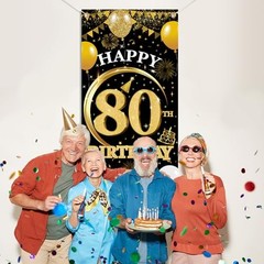 80th Birthday Decorations Door Banner – 1 Pcs Glitter Gold 80th Gold Black