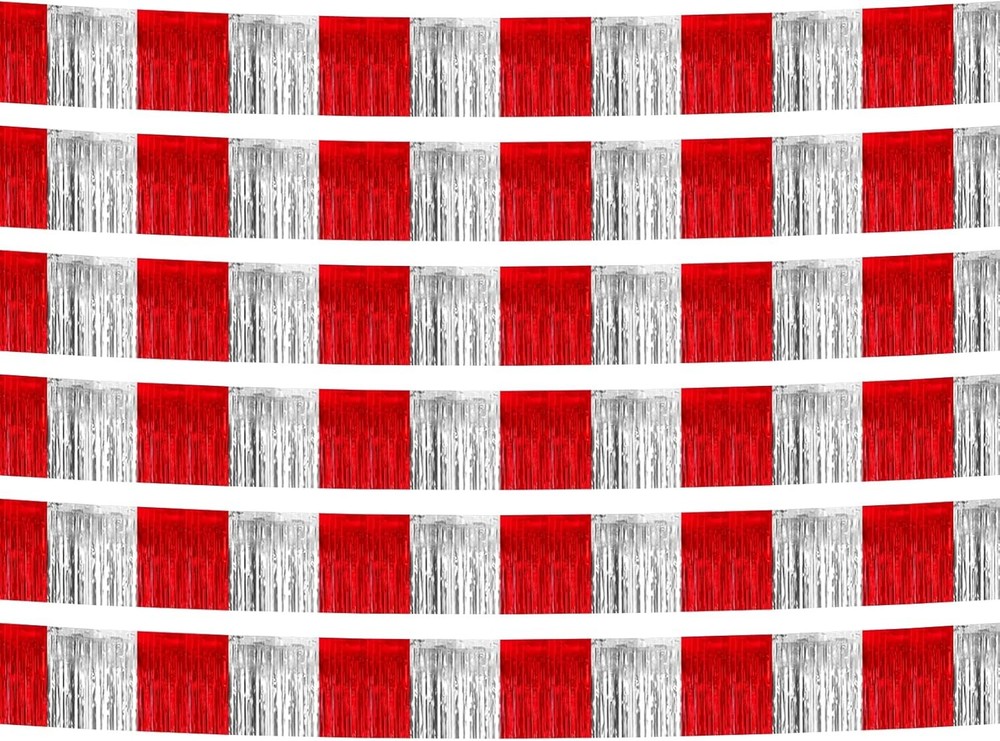 6 Pack 10 Feet Red Silver Foil Fringe Garland Metallic Tinsel Streamers Banner