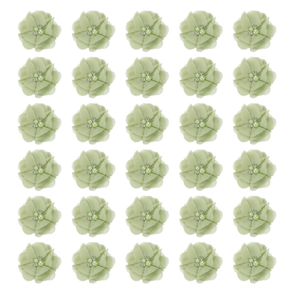 30Pcs 2″ Chiffon Flowers with Rhinestone Pearl Sewing Fabric Flowers, Green