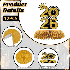 12PCS Happy New Year 2026 Honeycomb Centerpieces – Black Gold NYE Decor