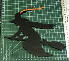 Large halloween Hanging Black Witch & Broom Laser Cut Painted Plywood & Ribbon.