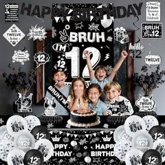 12th Birthday Decorations for Boys – Black Party Supplies, Banner, Tablecloth, C