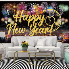 Happy New Year Fabric Banner with Fireworks for Party Photo Booth Backdrop Decor