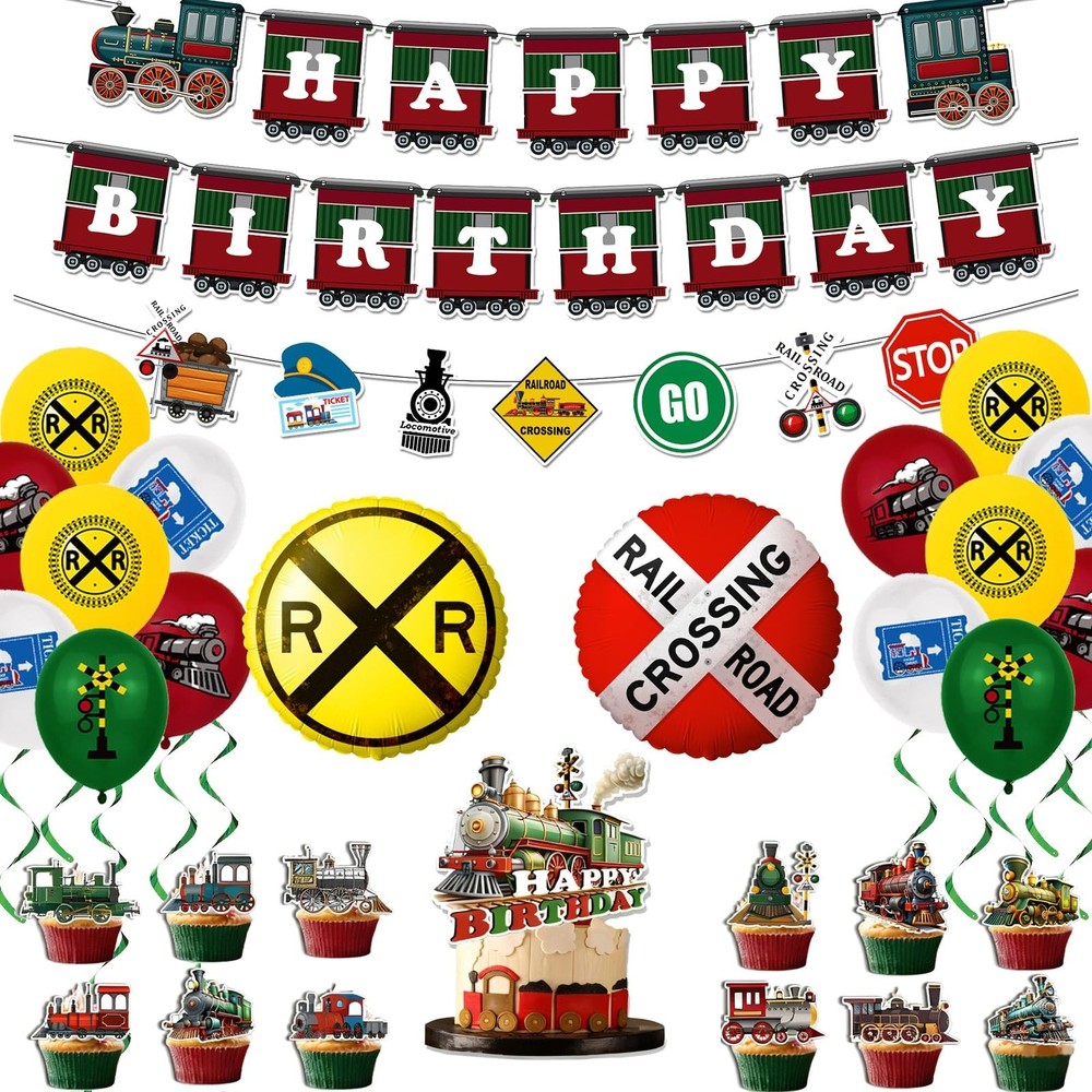 Train Birthday Party Supplies – 31PCS Railroad Crossing Decor, Foil Balloons, Ba
