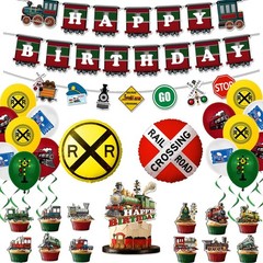 Train Birthday Party Supplies – 31PCS Railroad Crossing Decor, Foil Balloons, Ba