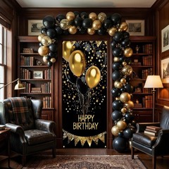 Happy Birthday Door Banner Decorations – Black and Gold Birthday Door Cover f…