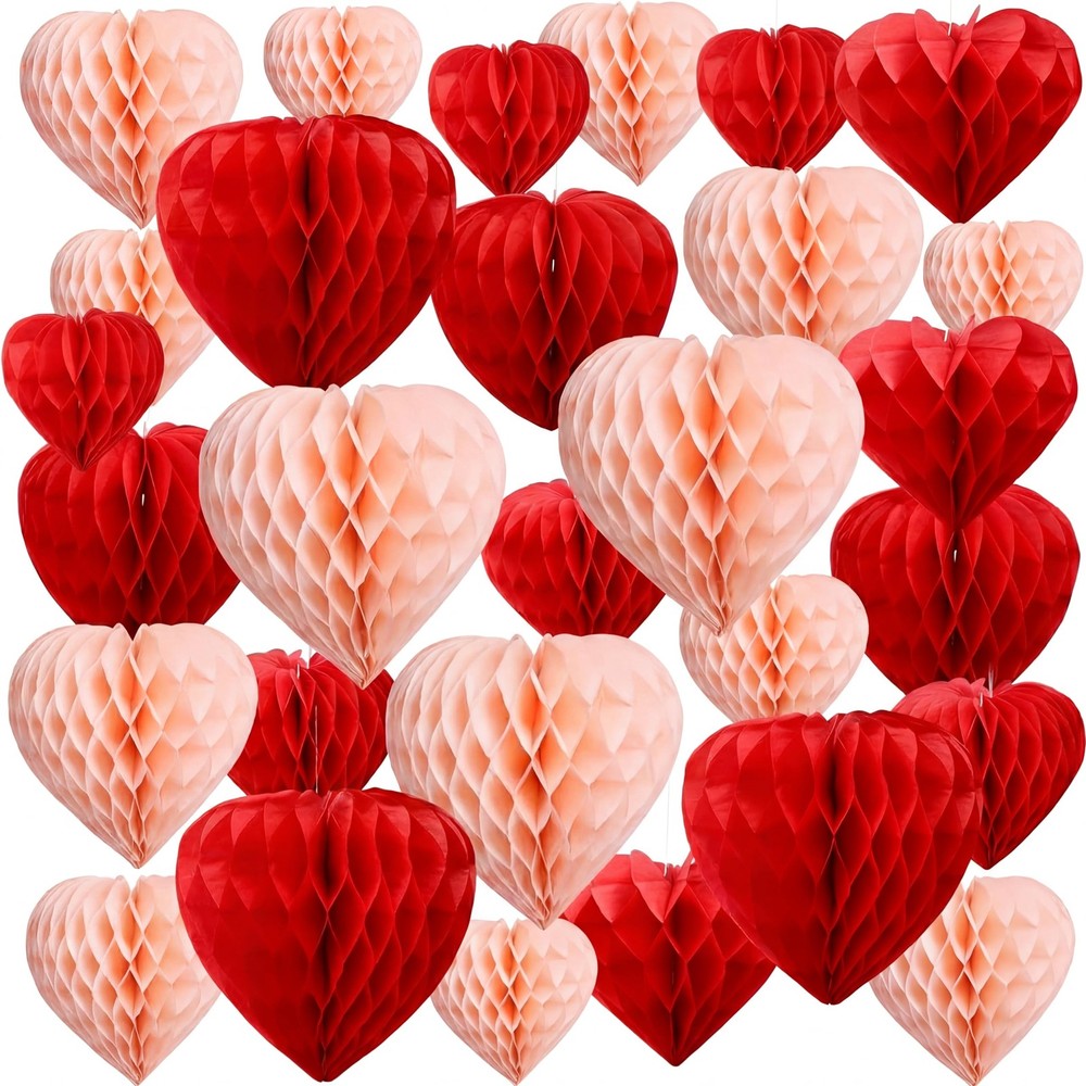 30 PCS Red Blush Pink Heart Honeycomb Tissue Paper Pom Poms Party Decorations