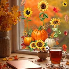 9 Sheets Fall Sunflower Window Clings 7.9 x 11.8 inch, Multicolor