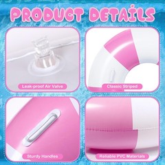 6 Pcs Pink White Striped Pool Floats for Adults Inflatable Large Swim Ring wi…
