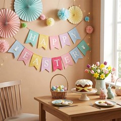 2pcs Happy Easter Banner Burlap Easter Bunting Garland Decorations Rabbit Color