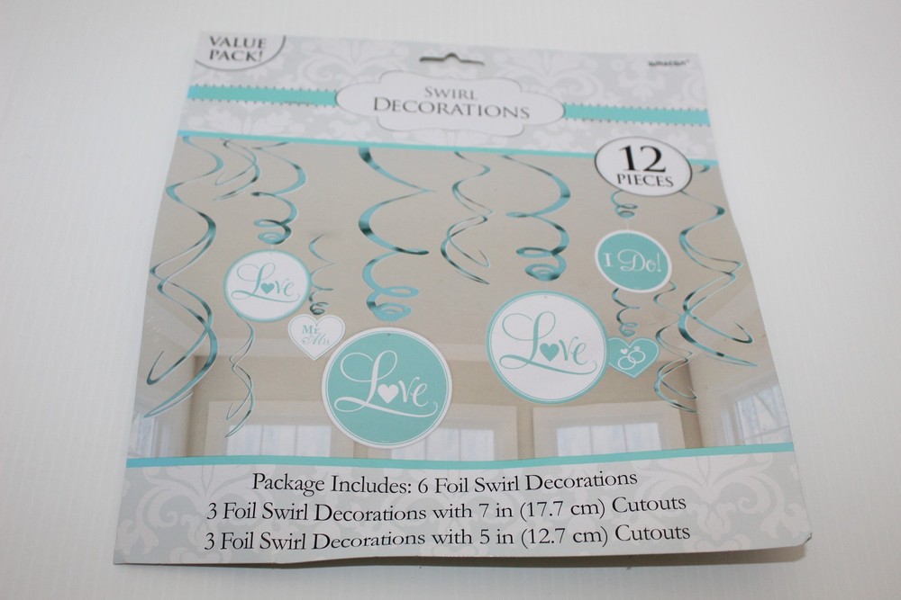 Amscan 12-Piece Teal & White Foil Swirl Decorations Mr & Mrs Love I Do Wedding